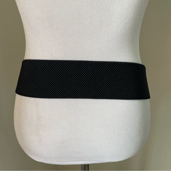 Black Chunky Gold Metal Buckle Woven Stretch Belt Statement Waist Cincher M/L - Picture 6 of 9